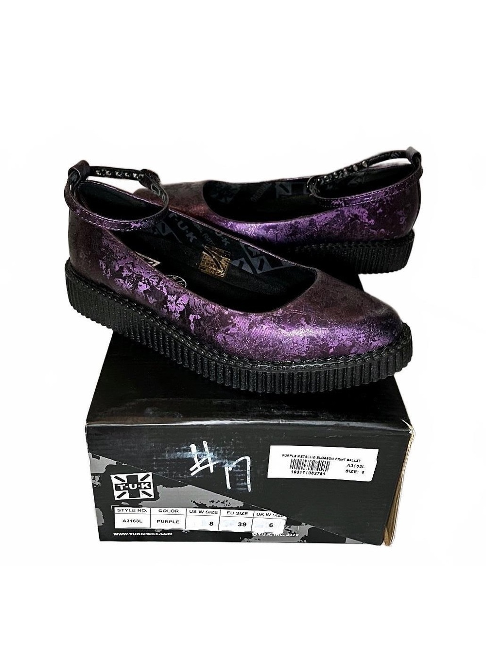 T.U.K. Purple Metallic Ankle Strap Creeper Flats Women's Size 8
